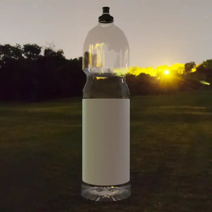 3D render of a clear plastic bottle with a label mockup, set against a dusk background with the sun setting on the horizon.