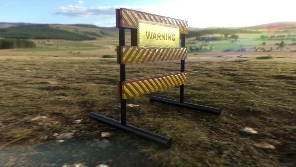 A photorealistic 3D render of a yellow and black striped warning road sign, set in a natural landscape with rolling hills in the background.