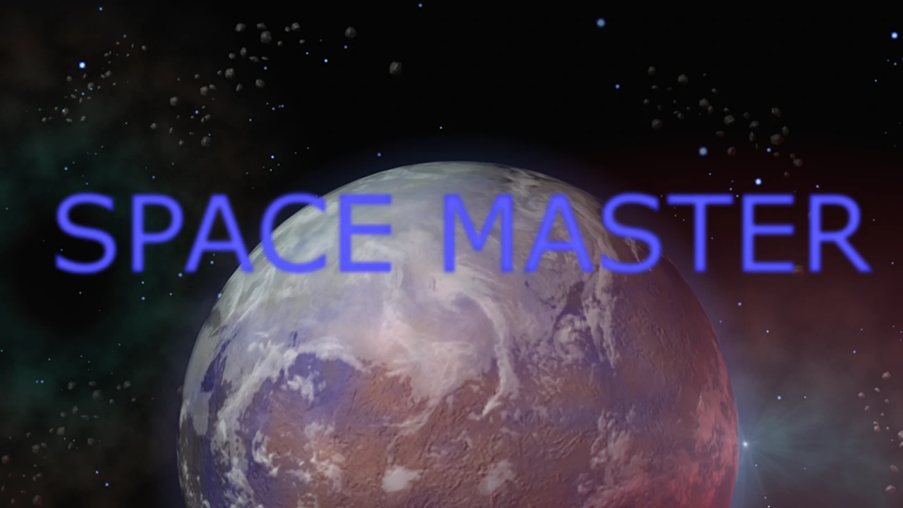 Title screen for 'SPACE MASTER' with a stylized font set against a backdrop of a vibrant, textured planet and a starry space scene.