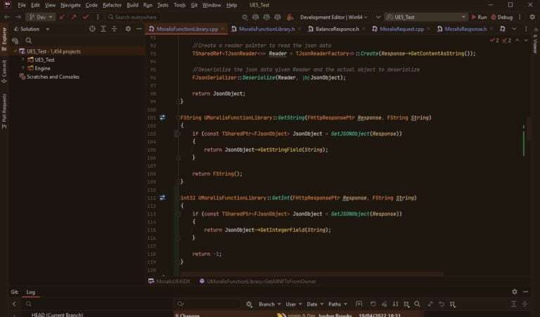A screenshot of the Rider IDE displaying code for a Moralis function library in C++, including functions for processing JSON data in game development.