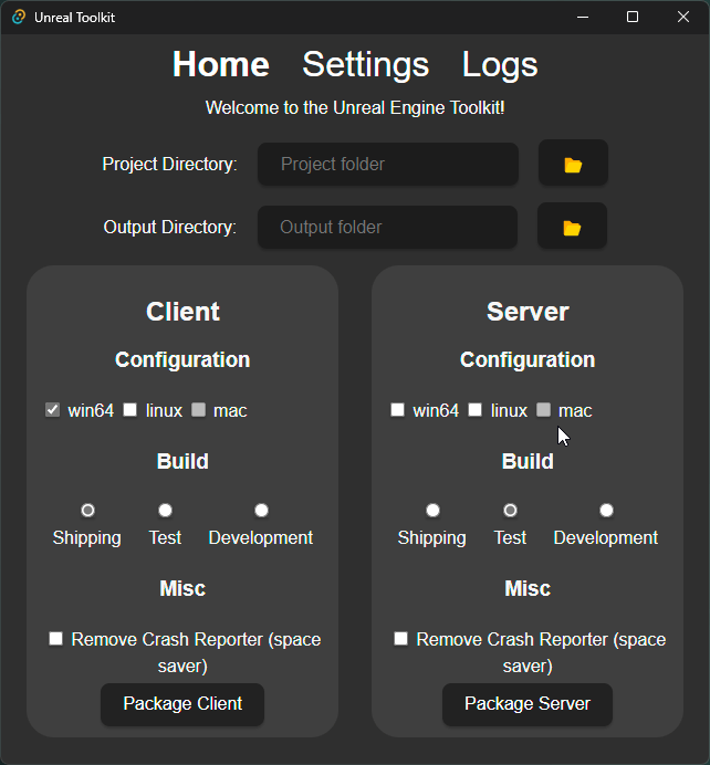 Interface of a custom Unreal Engine toolkit program with options for configuring and packaging both client and server builds for Windows 64, Linux, and Mac platforms.