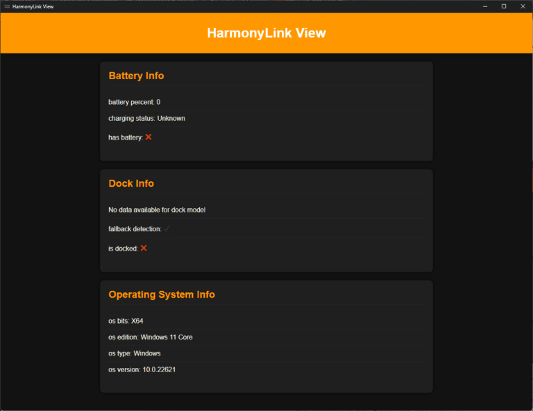 User interface of HarmonyLink View displaying system information sections for Battery, Dock, and Operating System with relevant data.
