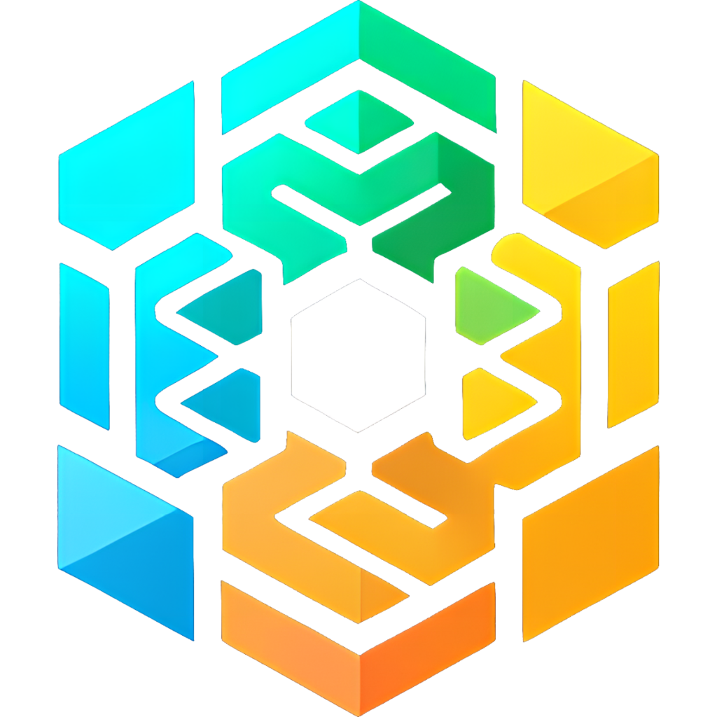 Isometric logo with a geometric pattern of interlocking cubes in shades of blue, green, orange, and yellow, representing BBGames.dev, against a transparent background.