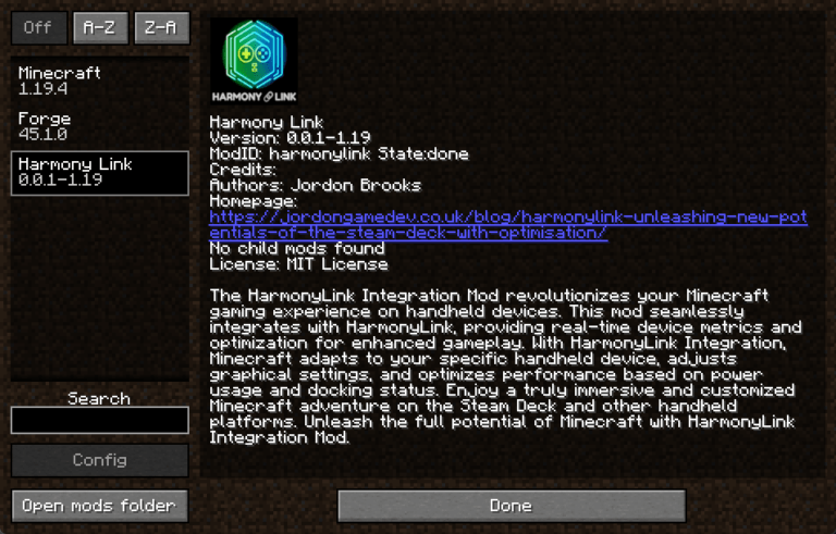Interface screenshot of the HarmonyLink mod for Minecraft, designed to optimize the game on Steam Deck with dynamic settings adjustments based on the power source.