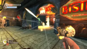 First-person perspective from the game Bioshock Remastered, showcasing the player's hand holding a revolver with the environment featuring neon signs and vintage art deco architecture.