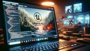 Laptop screen displaying Unreal Engine interface with a split view of source code and a rendered game scene featuring a lighthouse and a ship in rough seas.