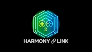 Vibrant neon logo of HarmonyLink, featuring hexagonal shapes and gaming symbols, signifying a versatile framework for device-specific game optimizations.